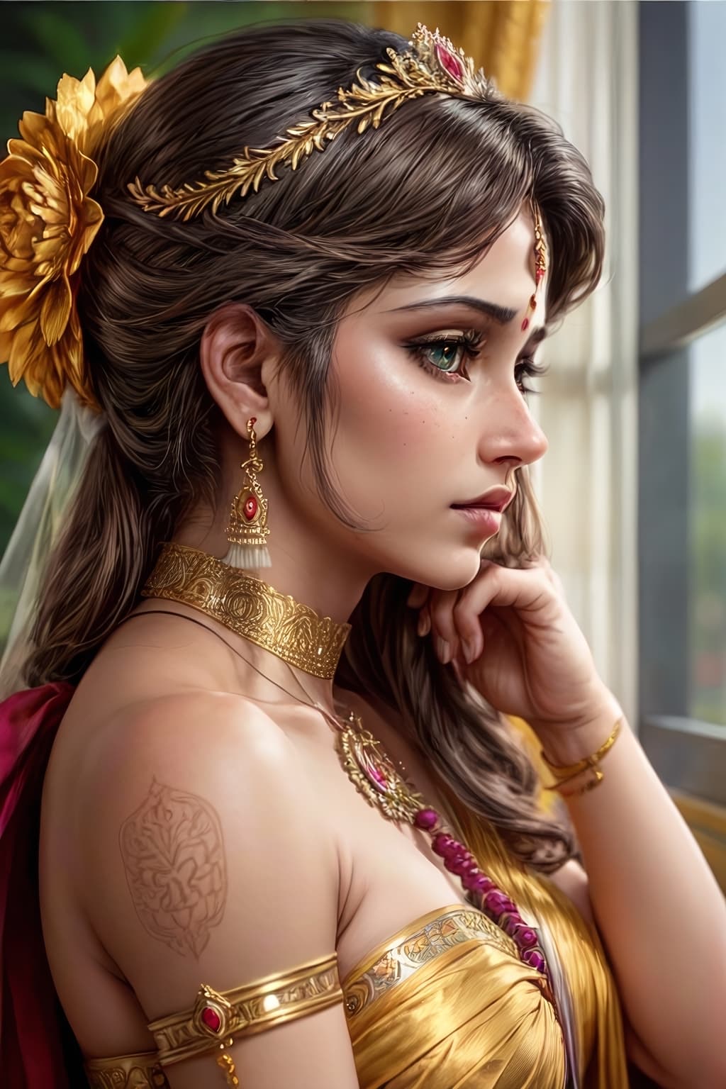 AI generated: side view of intricate detailed, game chracter eternal goddes <URL PNG> detailed green eyes, very de...