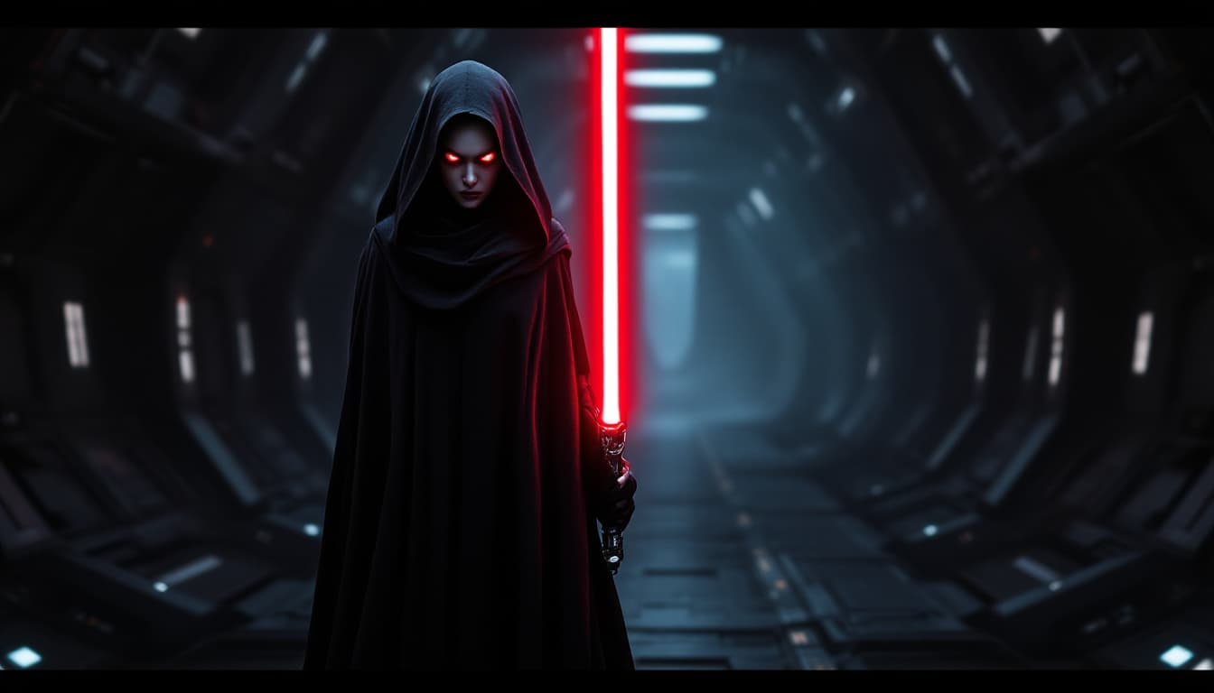 AI generated: Woman, Sith lord, red glowing eyes, red light saber in right hand extended at a 45 degree angle, bla...