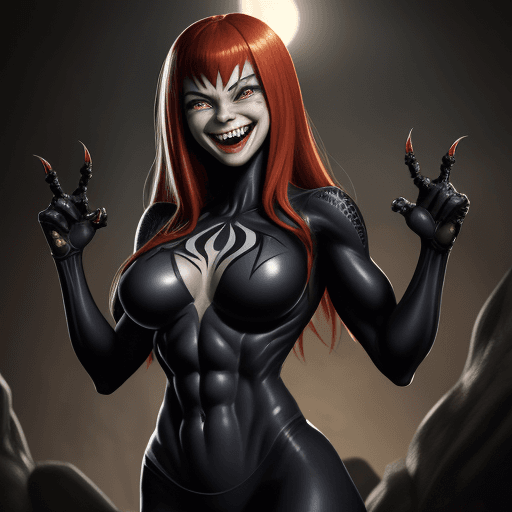 AI generated: Symbiote Mary Jane, abs, happy smile, fangs, claws