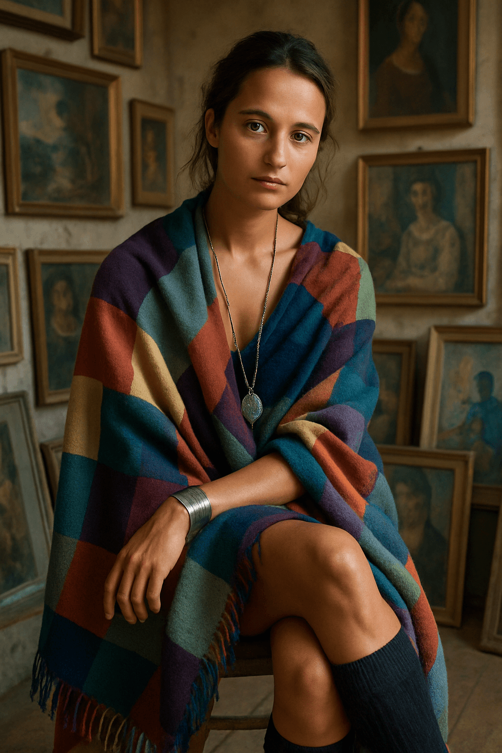 AI generated: Alicia Vikander sitting on a wooden stool in an artist's studio filled with framed paintings and art...