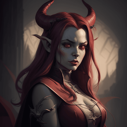 AI generated: painting of a woman with horns and a red cape, tiefling, portrait of demon girl, tiefling female war...