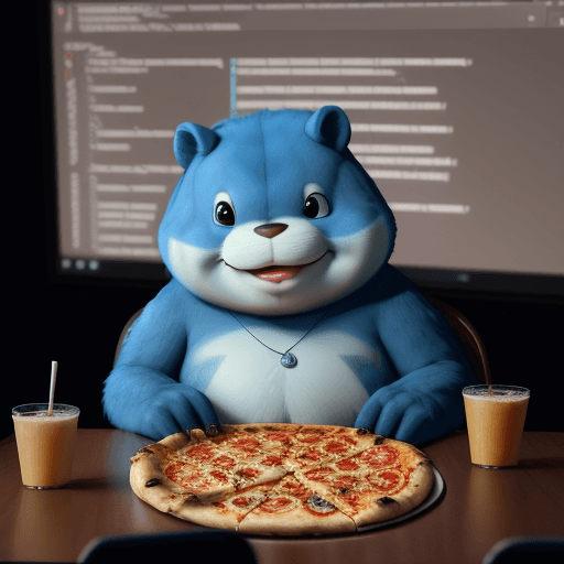 AI generated: a gopher eating pizza, they're sitting at a conference watching slides depicting golang code, sophis...