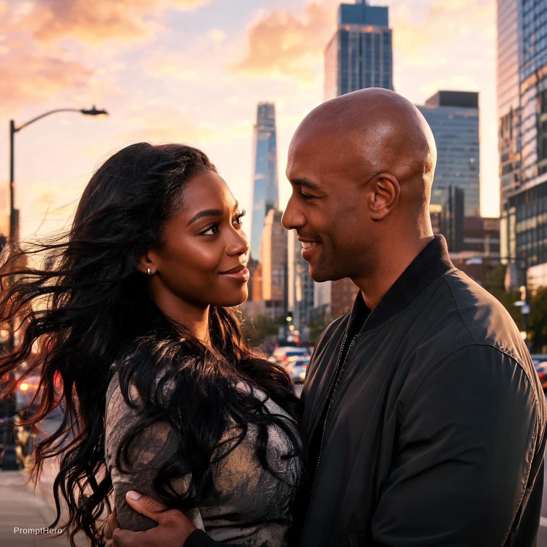 AI generated: urban attractive black couple with beautiful woman with flowing hair and hazel eyes and man with bal...