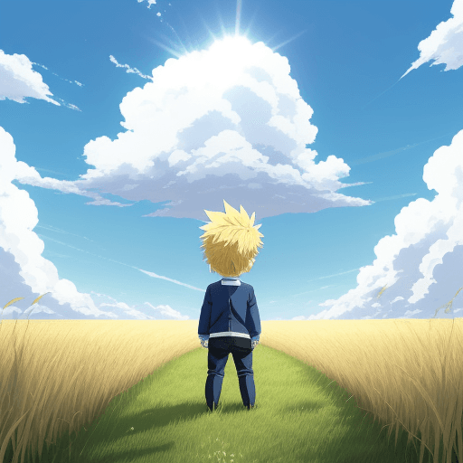 AI generated: An anime blue sky with tall clouds and sun shining with a large field of grass. A chibi boy with blo...