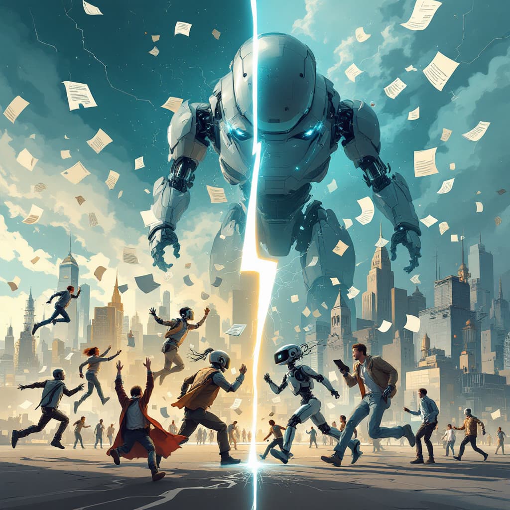 AI generated: A symbolic and thought-provoking digital illustration showing the myths and realities of Artificial ...