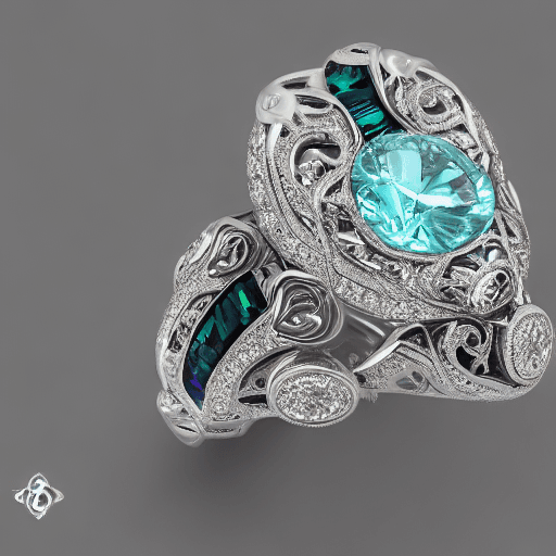 AI generated: a jewelry design, filigree-themed ring, white gold, gemstones and diamonds, luxury, closeup, product...