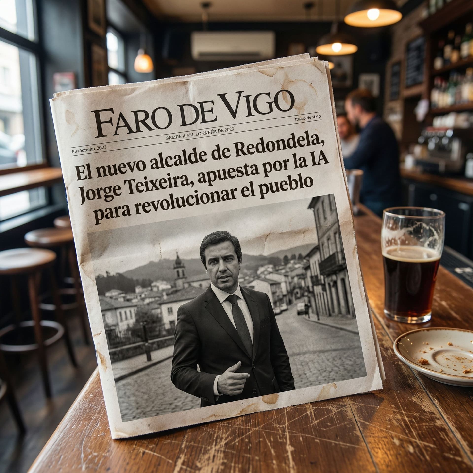 AI generated: Create a realistic photo of a Faro de Vigo newspaper lying on a bar counter or wooden table in a cas...