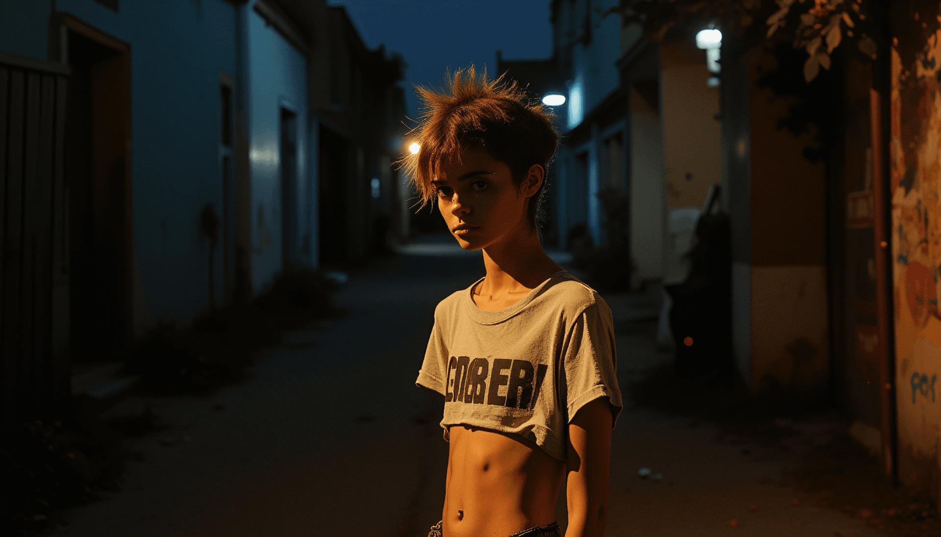 AI generated: Young woman with short spiky hazel hair, cut-off concert tee, baggy shorts, visible abs, stage light...