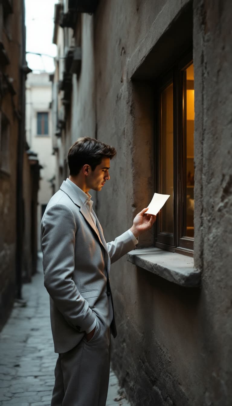 AI generated: A young man from the 1950s standing outside an old Iranian house in the narrow alley. The window of ...
