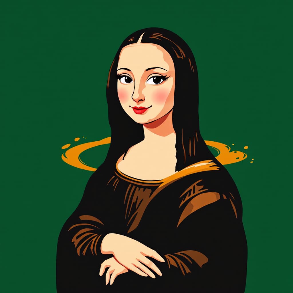 AI generated: illustration, series of simple and colorful, Mona Lisa , exaggerated, against a solid deep green bac...