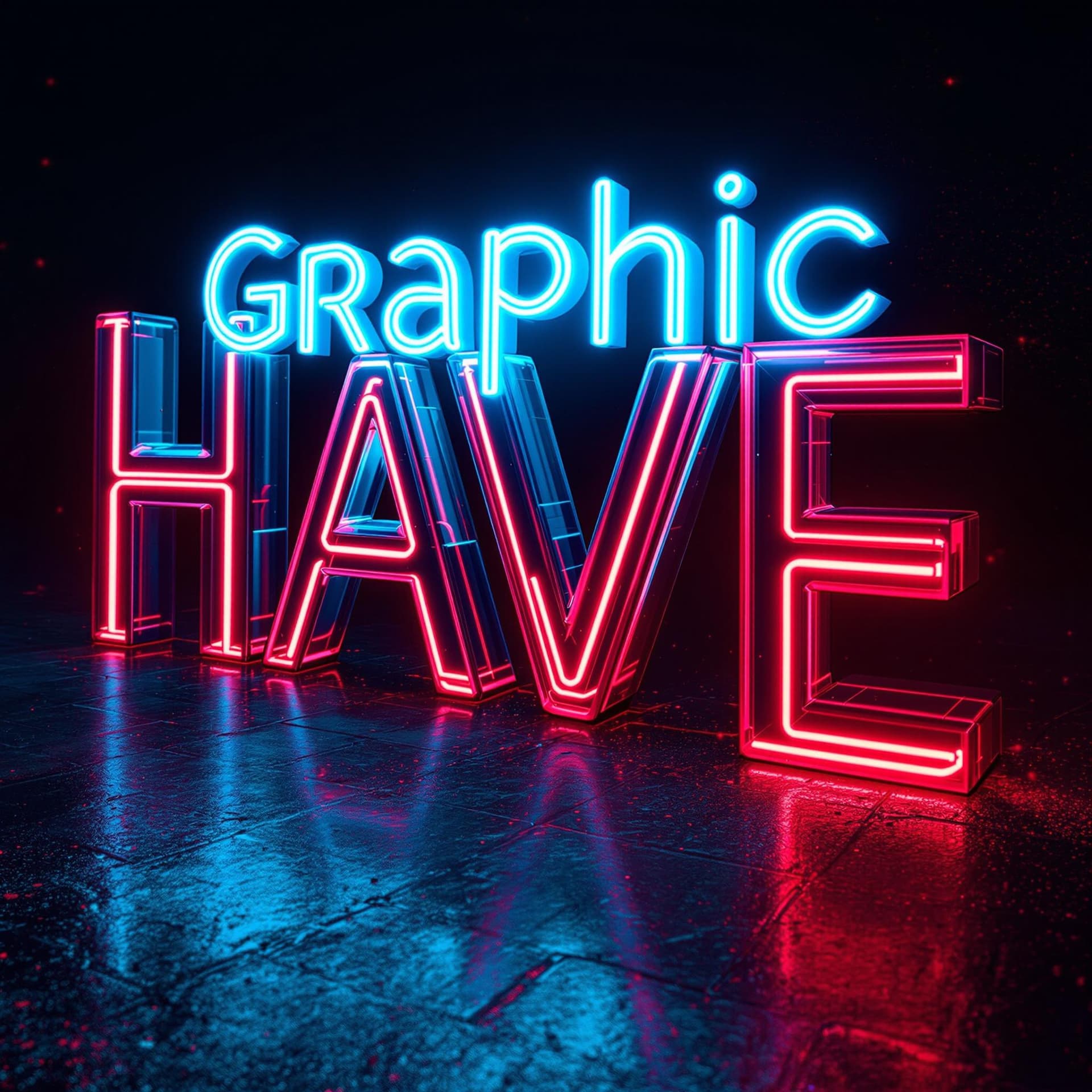 AI generated: A 3D digital art rendering of the word 'Graphic Have Design' in Italic bold format, in a neon, futur...