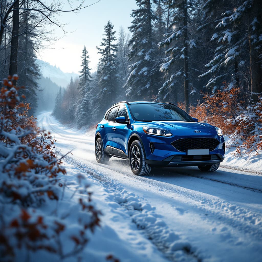 AI generated: year 2023 blue FORD ESCAPE in winter road hyper realistic