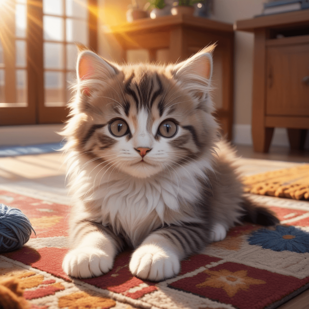 AI generated: cute fluffy kitten, lying on the rug, cozy room, sun, masterpiece, best quality, highly detailed, sh...