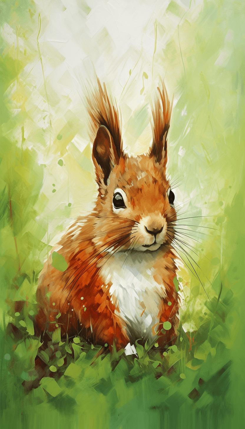 AI generated: Illustration of fluffy red squirrel, closeup front view, lush green field, whimsy charm background, ...