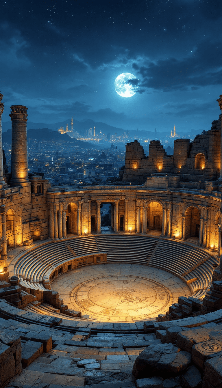 AI generated:  Imagine a grand ampitheatre with weathered stones and towering pillars, seen fully from ground leve...