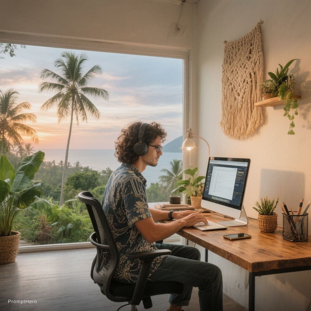 AI generated: photo of a realistic co-working space , a digital nomad is seated on a dedicated desk and is working...