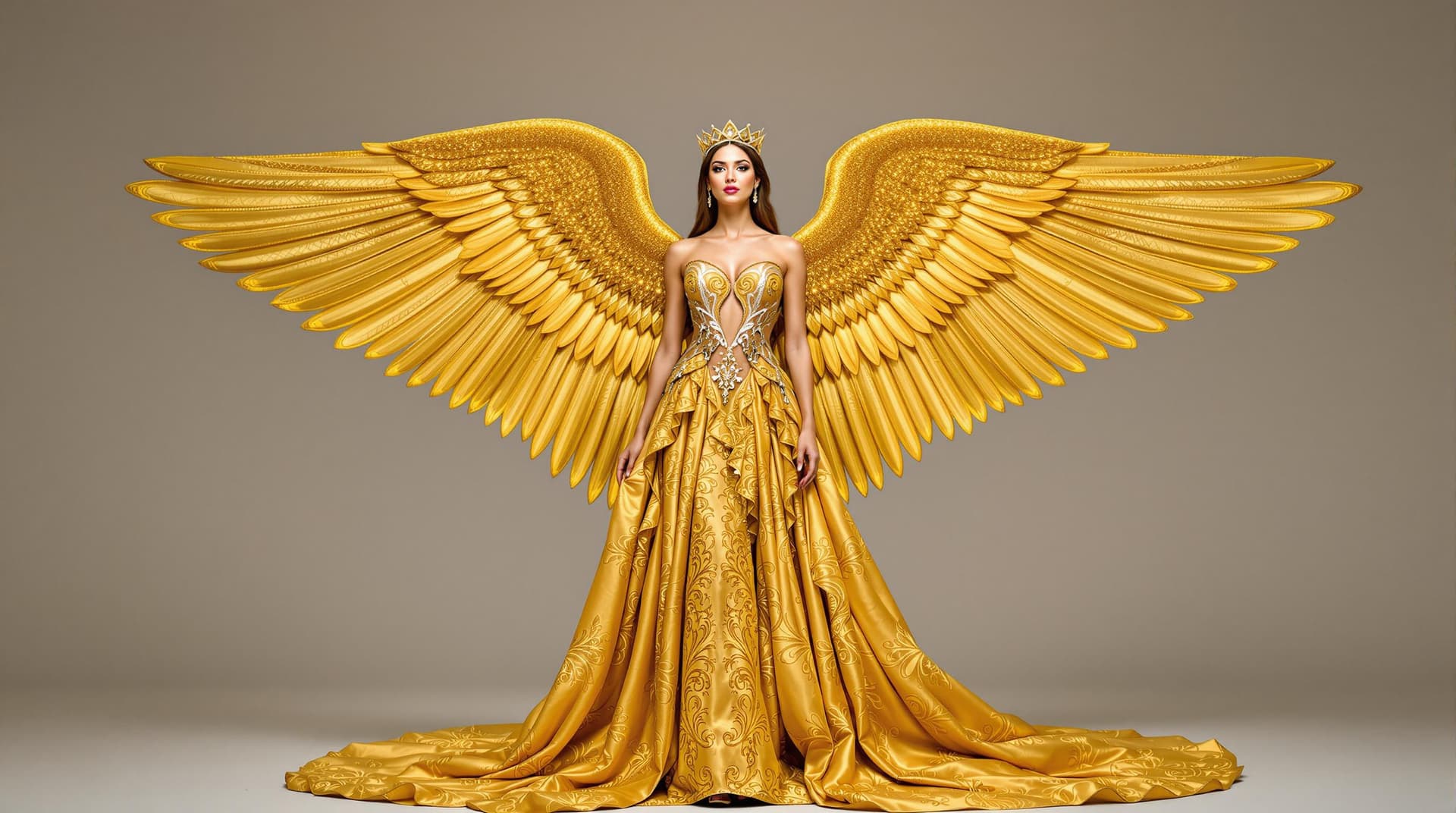 AI generated: A woman adorned in a golden, intricately designed gown that cascades down to the ground. She is also...