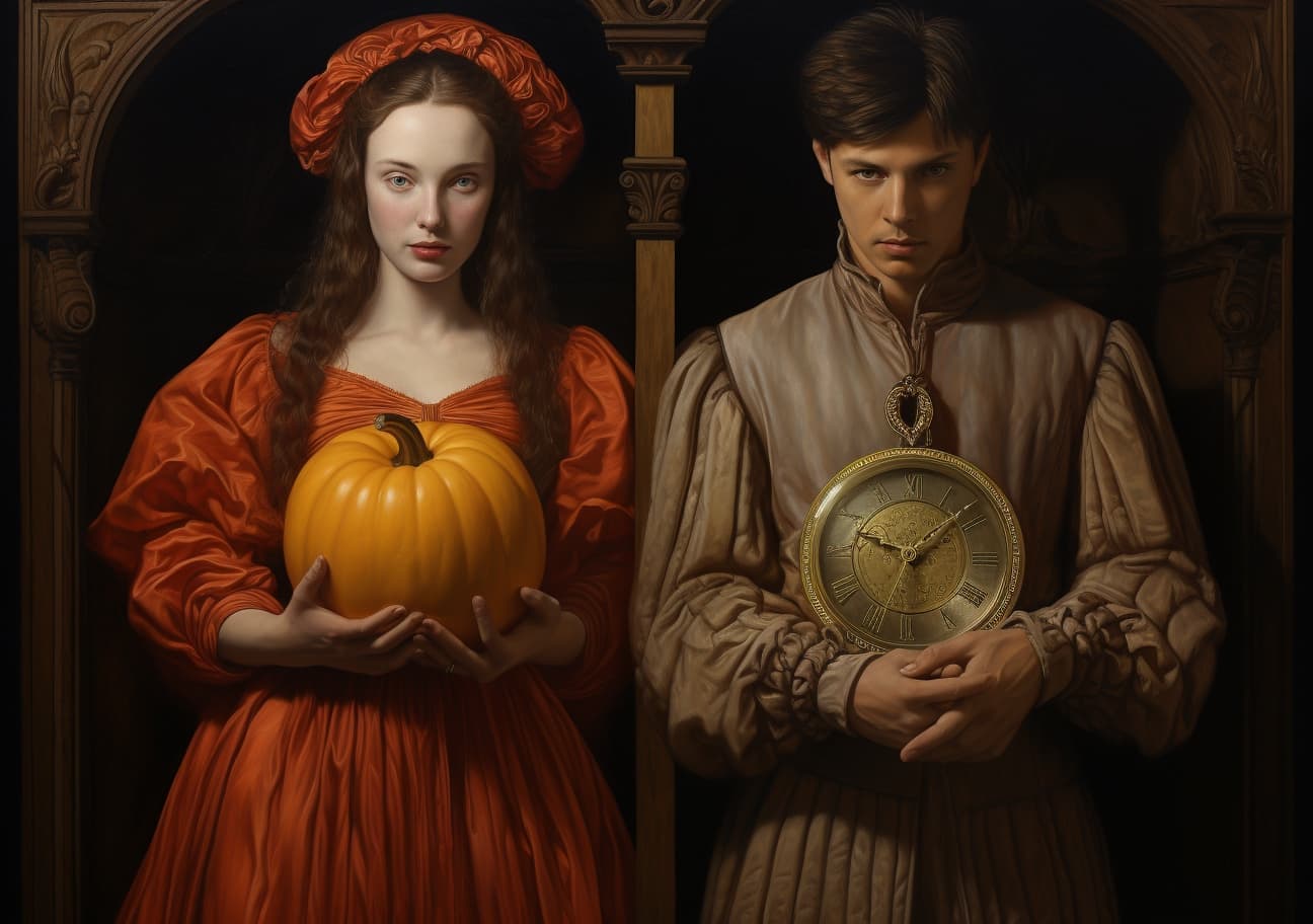 AI generated: a woman and man posing by a clock, in the style of realistic fantasy artwork, man holding a pumpkin ...
