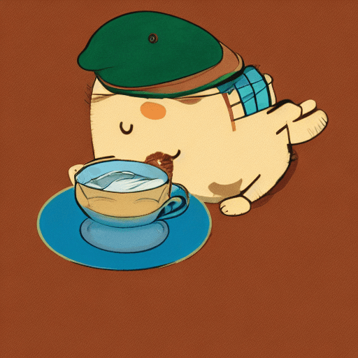 AI generated: An axolotl drinking coffee on a green corduroy hat.