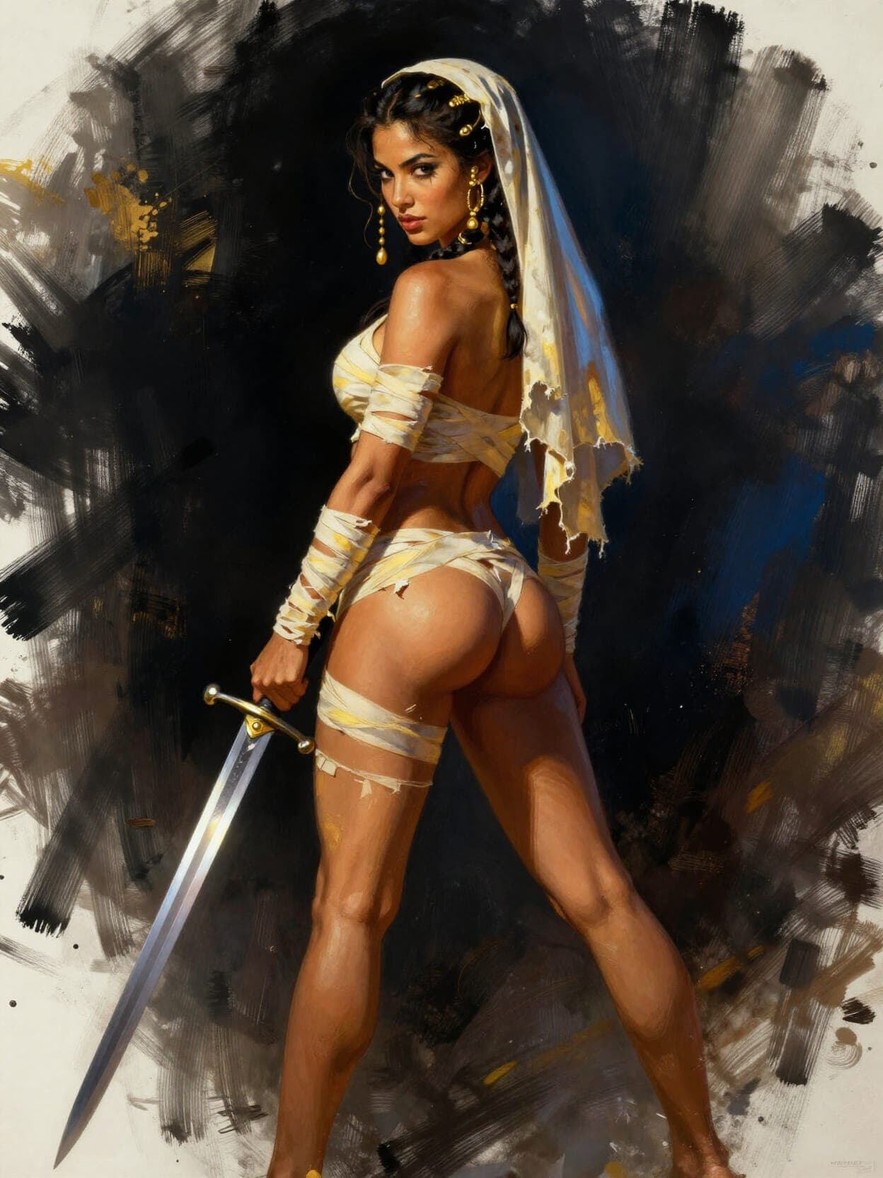 AI generated: 9x16 image size, A digital painting, painterly and suggestive style, full body portrait of a woman w...
