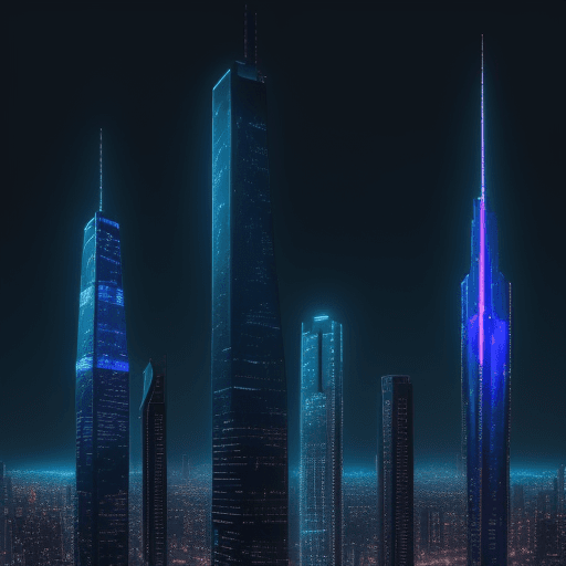 AI generated: High resolution photography of 6 sky scrapers from the future with neon lights