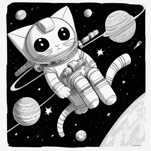 AI generated: space explorer cat, coloring page black and white, cartoon, painting

