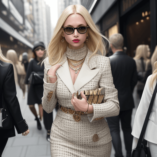 AI generated: creer une image  Produce an image capturing the essence of chic woman blonde danoise urban street st...