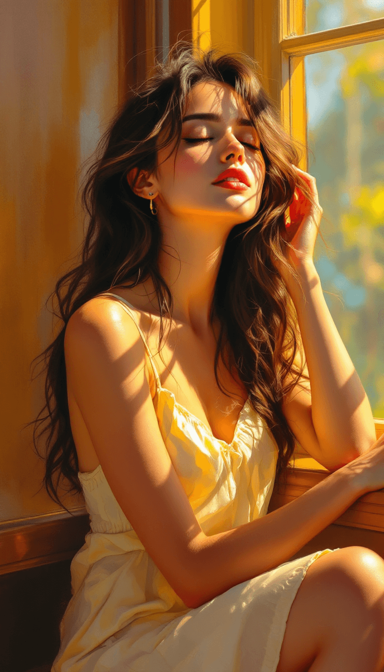 AI generated: An expressive, oil-painting-style portrait of a beautiful young woman sitting peacefully by a sunlit...