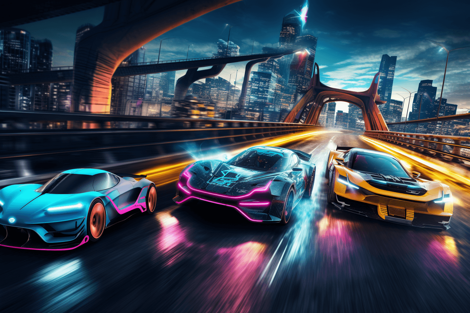 AI generated: An electrifying photograph capturing the adrenaline-fueled spectacle of two fast and furious cyberpu...