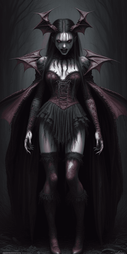 AI generated: Uhd Photorealistic creepy Vampire girl, bloody fangs,bad grine ,uhd photorealisitc authentic psychot...