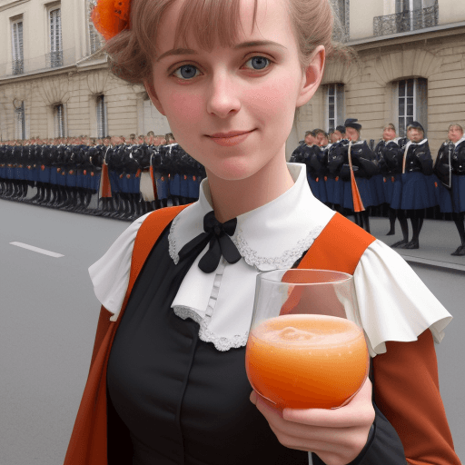 AI generated: Élisabeth Borne  tres vielle, nommé a l'academie francaise en habit de parade. une bouteille de jus ...