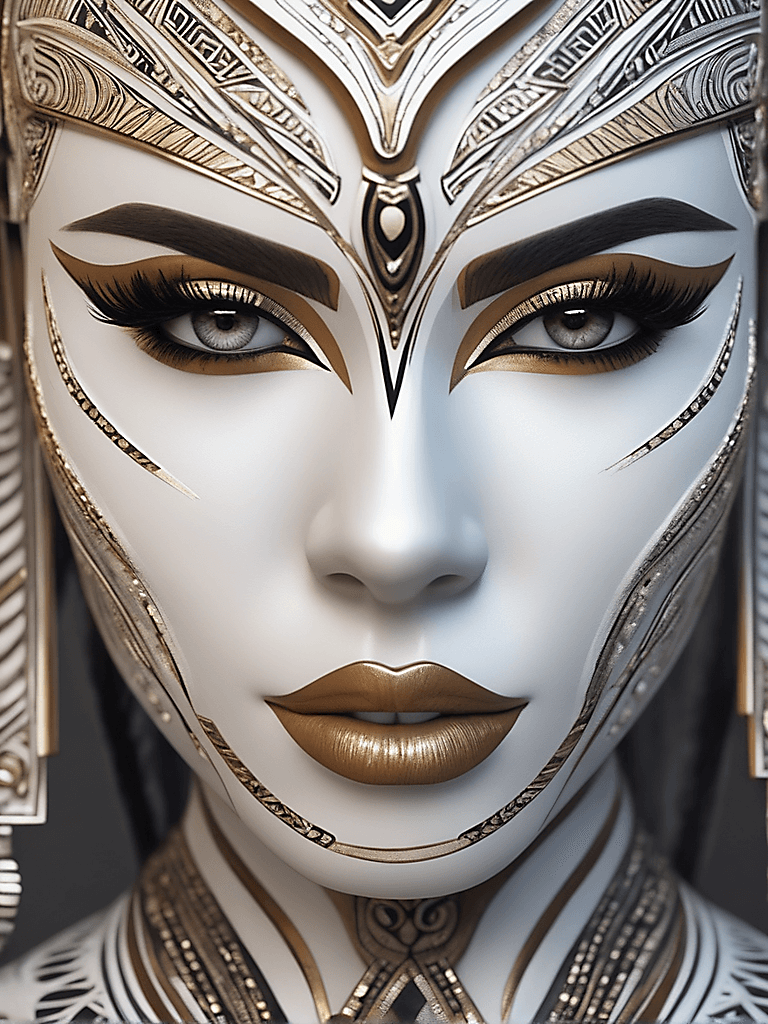 AI generated: intricate closeup-shot, masterpiece artwork, Latin skin-tight body, tribal suit, black accent
