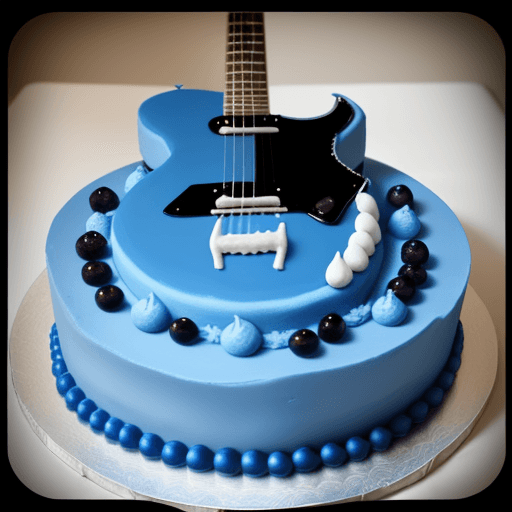 AI generated: a big blue berry cake, and a blue gitar on it.
