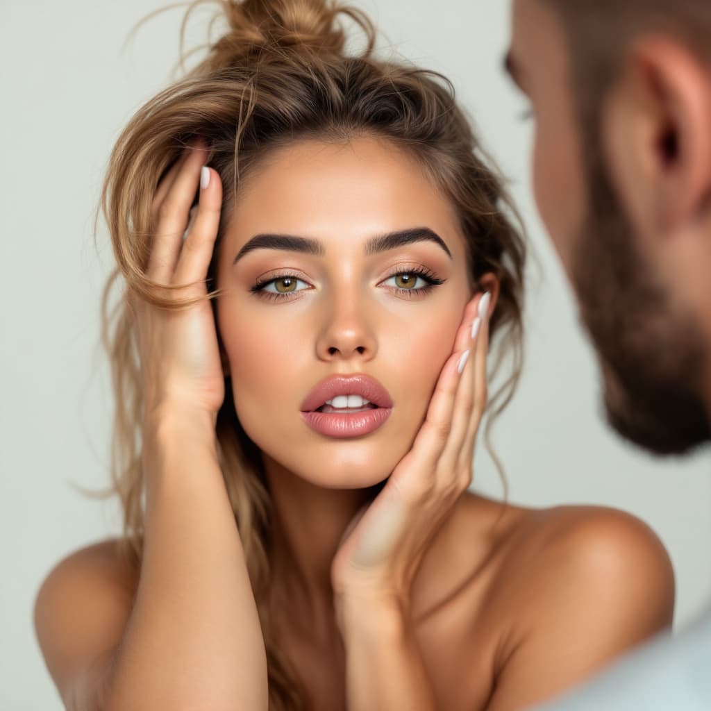 AI generated: Face: sexy woman posing with the hand of a man clutching her face, I understand her mouth! 