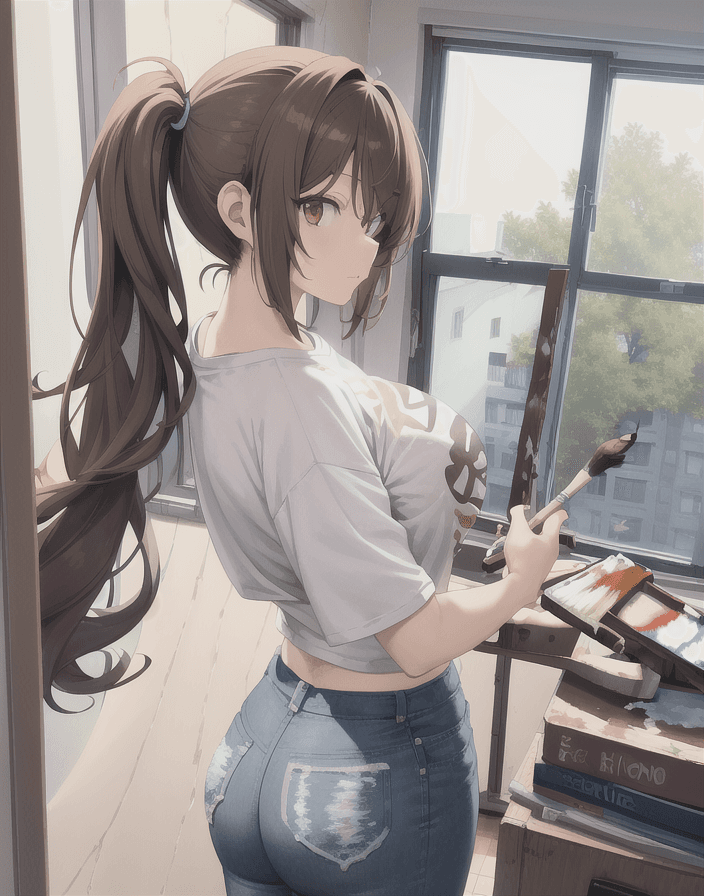 AI generated: (perfect anime illustration), 1girl, pigtails, brown hair, ((painting a picture, holding a painting ...