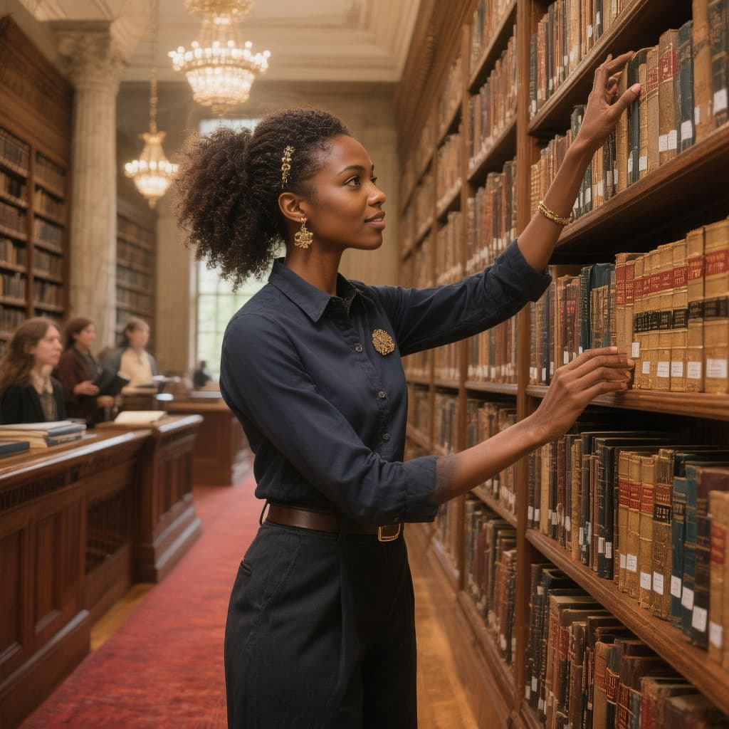 AI generated: Ultra realistic dark-brown-skinned female librarian stocking shelves in a prestigious library with t...