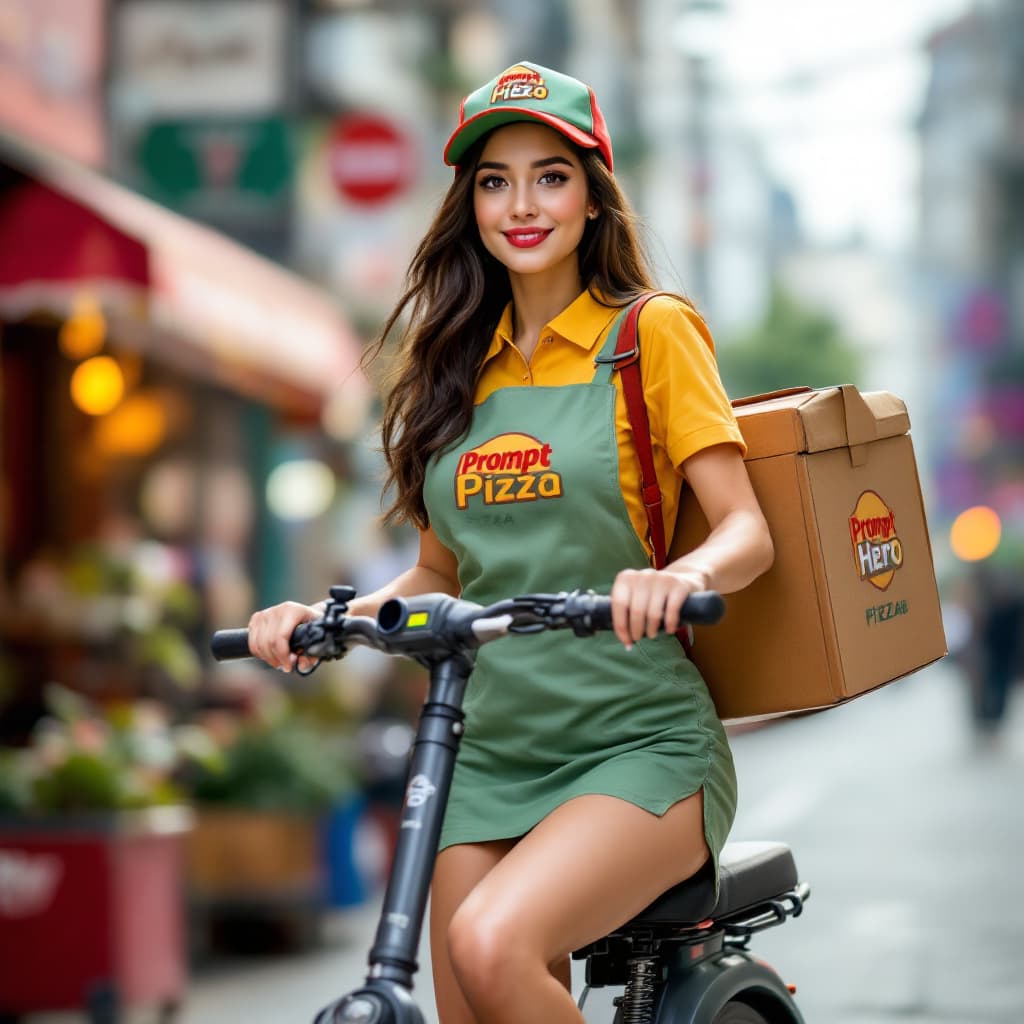 AI generated: a pertty female, pizza shop uniform,mini skirt,E-Scooter, deliver pizza,the pizza box logo"PromptHer...