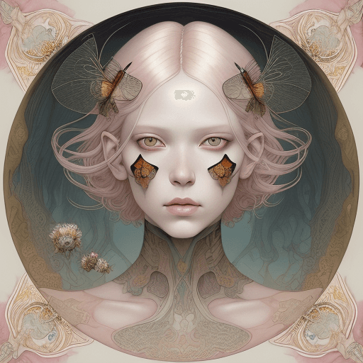 AI generated:  a symmetrical watercolor as-above-so-below that features an albino vogue model with colorful hair, ...
