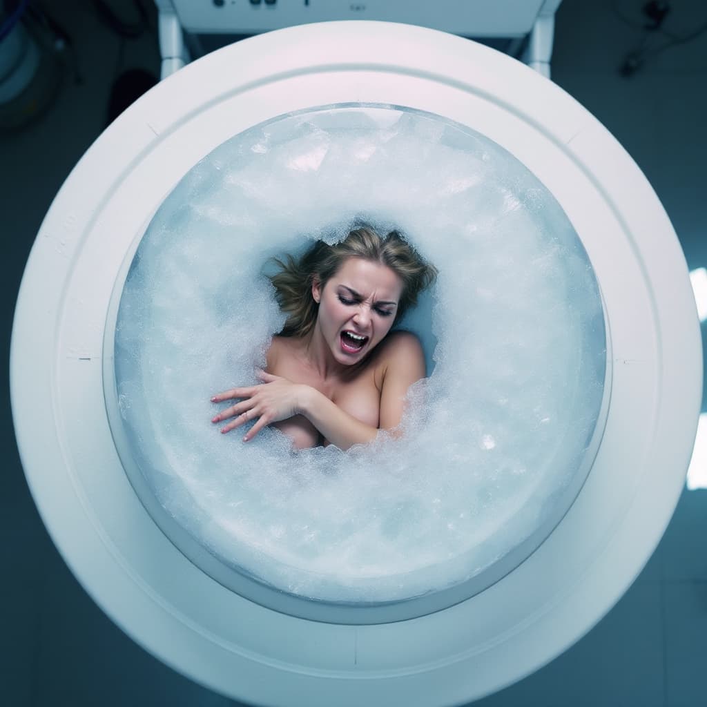 AI generated: A top-down photo of a round block of ice containing Cory Chase. She is cryogenically frozen, encapsu...