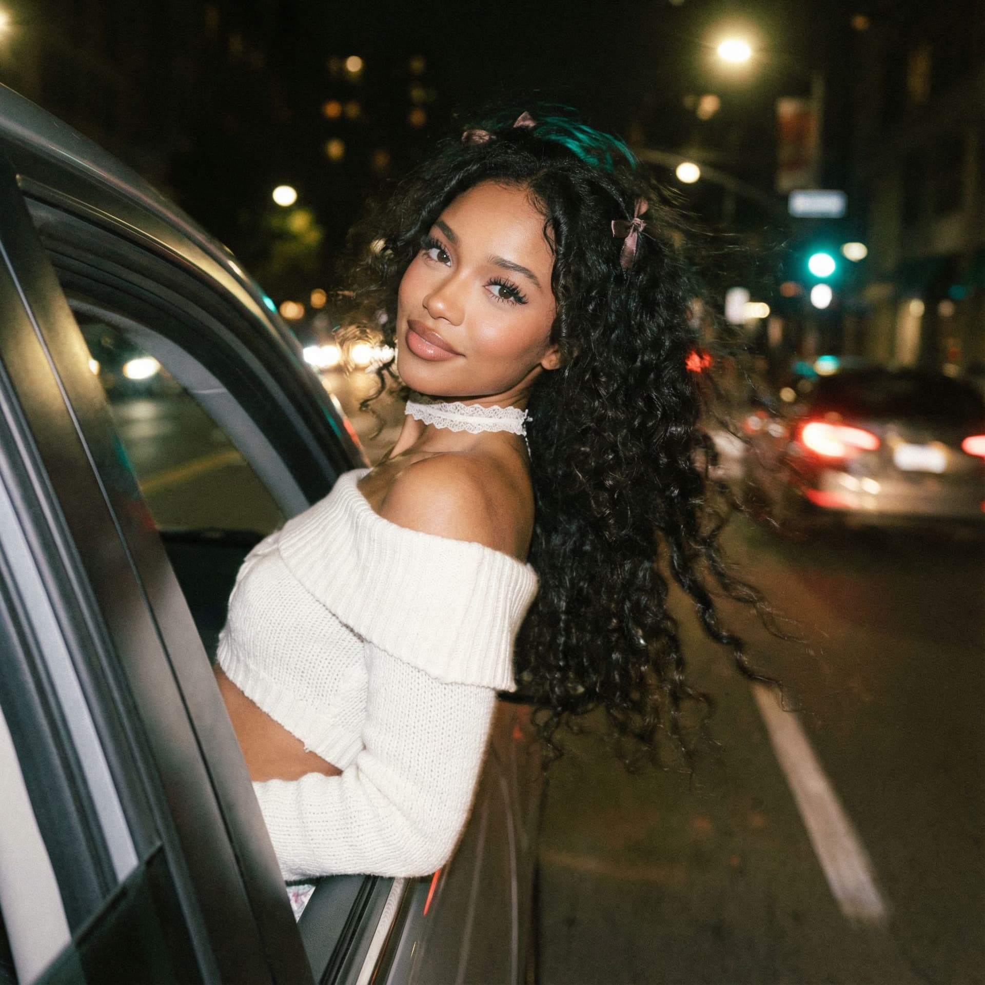 AI generated: Create a ccolor photo of me leaning my back out the window car like a dark dreamy blurry vintage win...