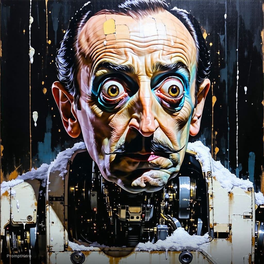 AI generated: Disco elysium style, colourful abstract brush strokes, paint portrait of Salvador Dali himself, flir...