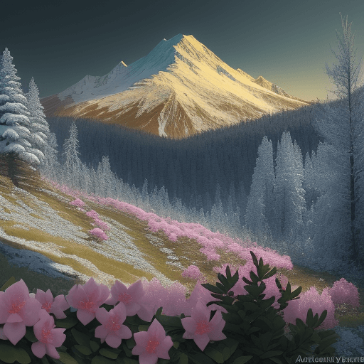 AI generated: Siberian mountain landscape with coniferous shrubs and flowering rhododendronasi Sagan Dailey.  Moun...