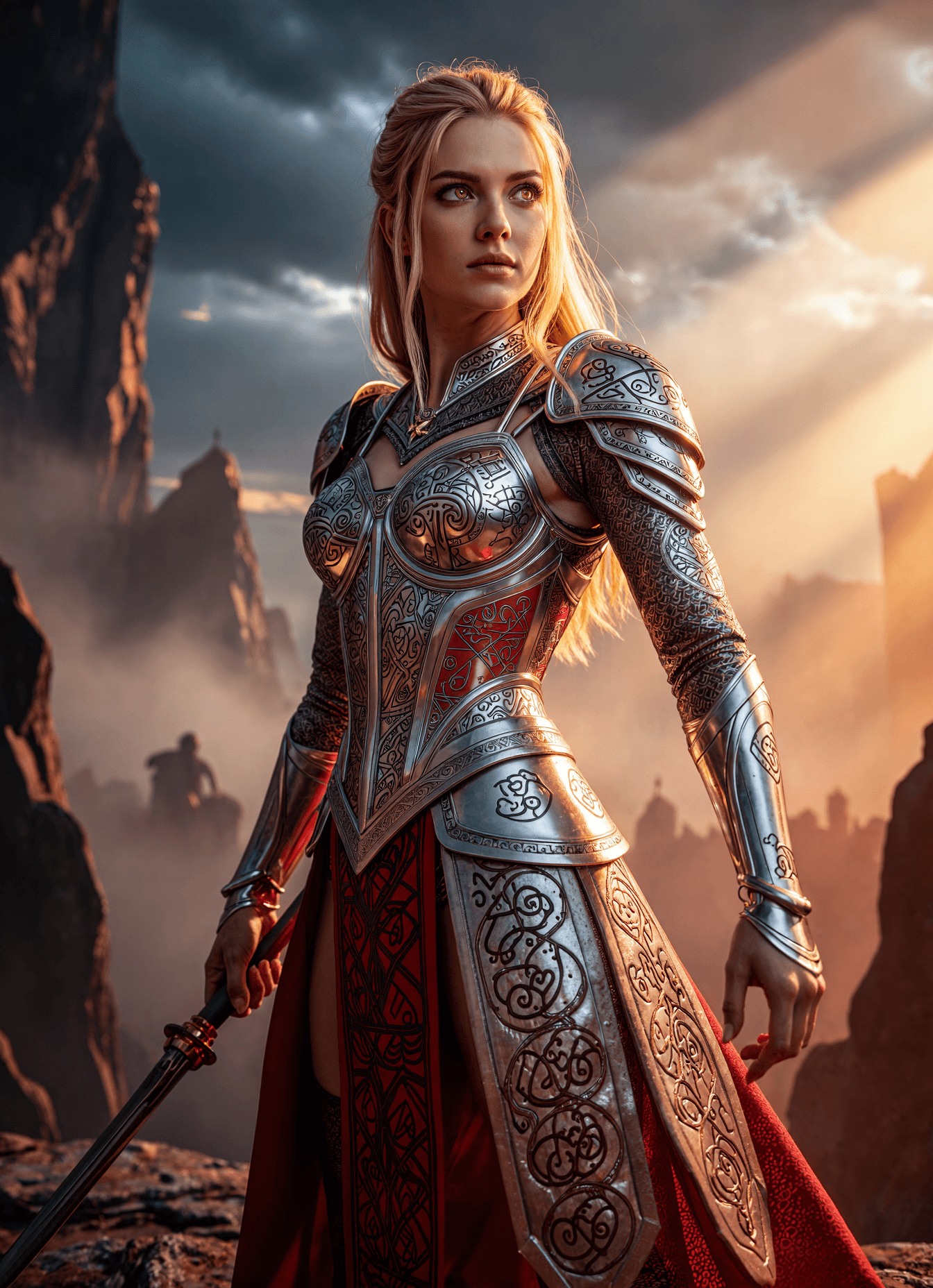 AI generated: A powerful warrior princess with striking golden eyes, sharp defined jawline, and intense muscular b...
