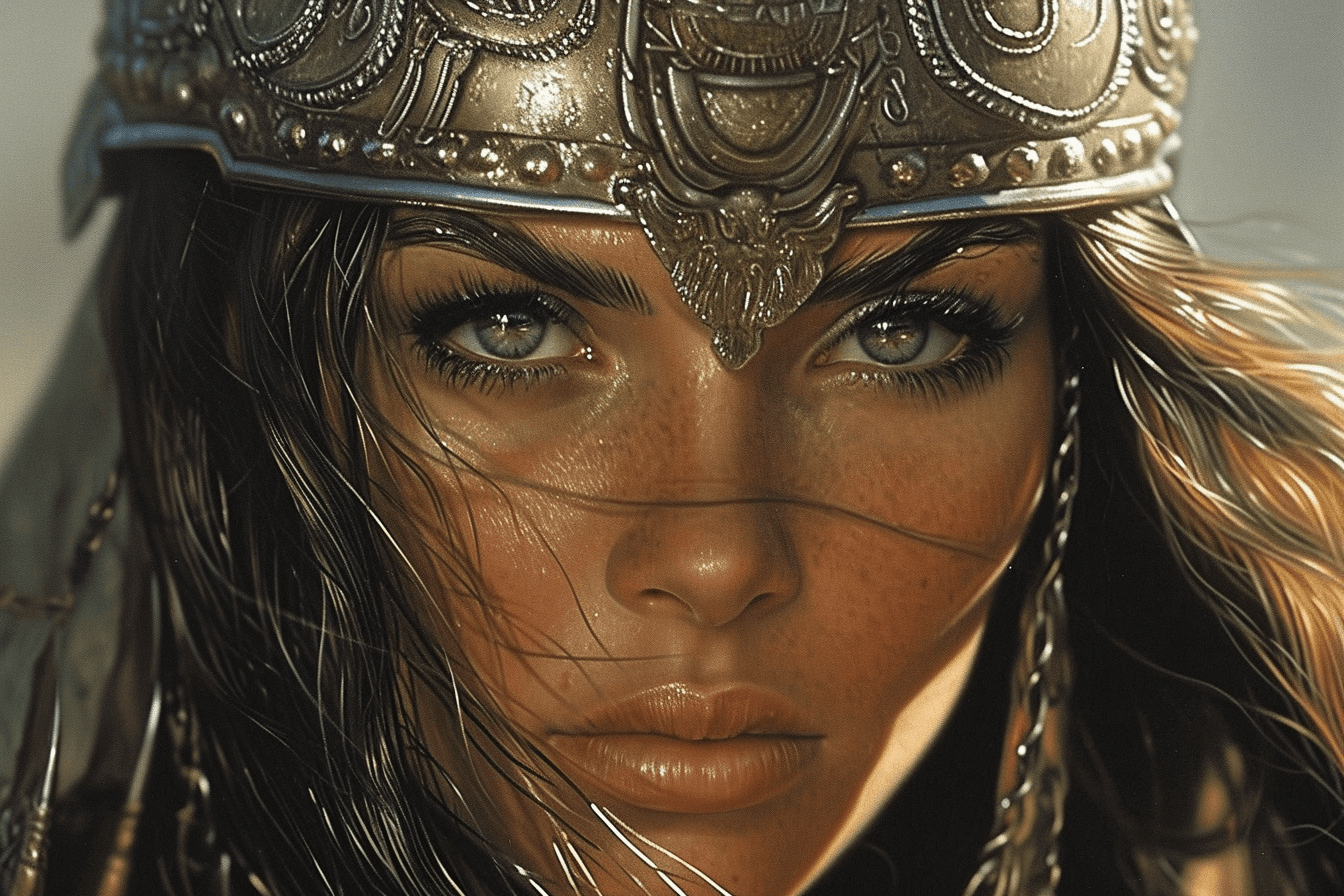 AI generated: very beautiful female warrior, close up, art by Boris Vallejo --ar 3:2 --s 200 --style raw --c 10 --...