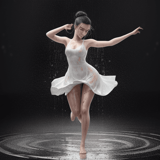 AI generated:  full body,A beautiful lady dancing in heavy rain, face and body are wet, messy bun hair  32k UHD, h...