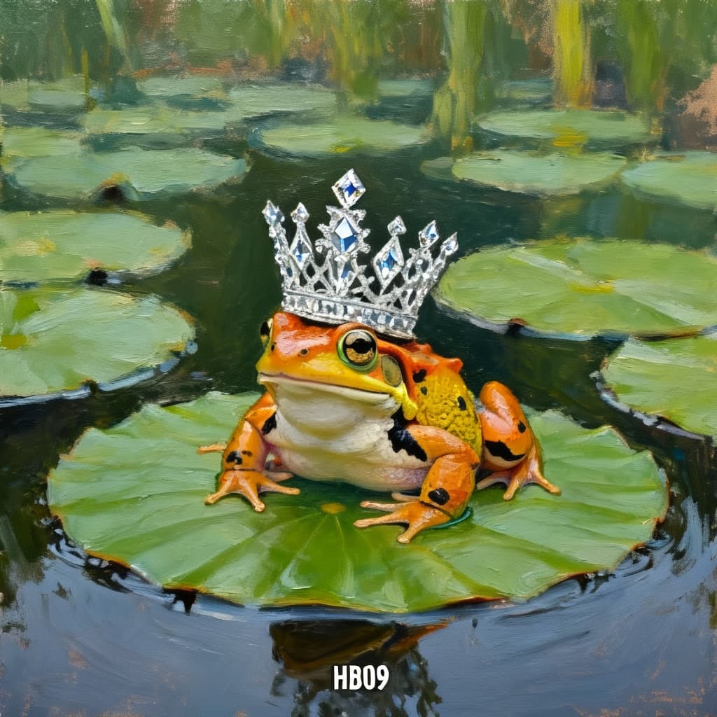 AI generated: the frog king. Oil painting.
With the discreet and very small watermark "HB09" at the bottom of the...