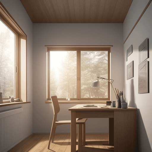 AI generated: A cozy Scandinavian home office, natural oak desk, ambient lighting from a floor-to-ceiling window, ...