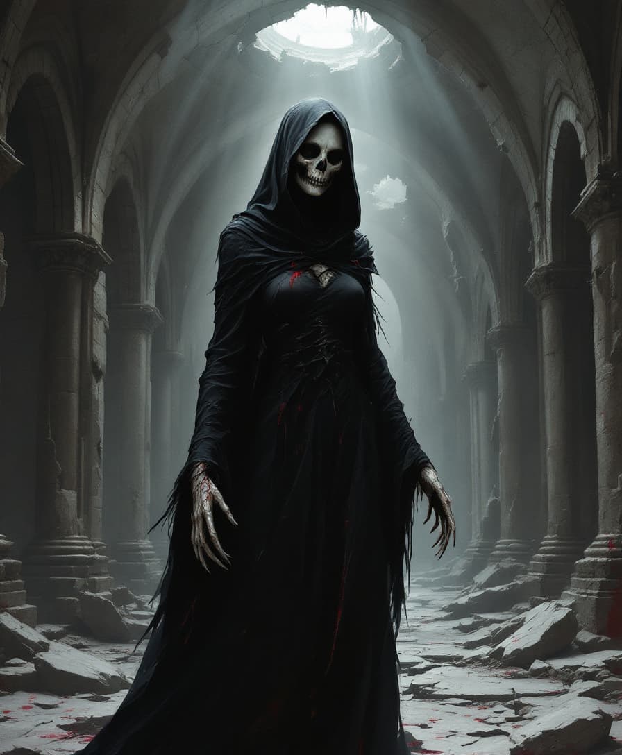 AI generated: a female grim reaper, characterized by a skull-like face and wearing a black hooded dress with long ...