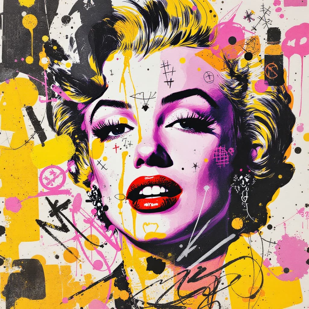 AI generated: A mixed media collage featuring a Marilyn Monroe figure with expressive eyes, adorned in vibrant pat...