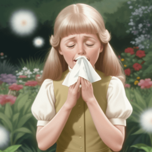 AI generated: Jan brady in the garden, sneezing into a tissue